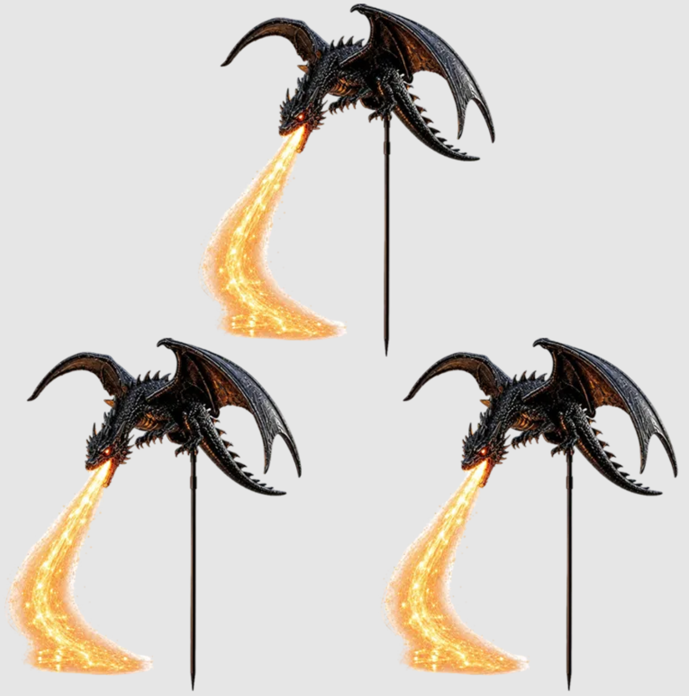 Original supplied Shirem DragonFlame image showing three black winged dragon garden stakes with orange flame-shaped decorations