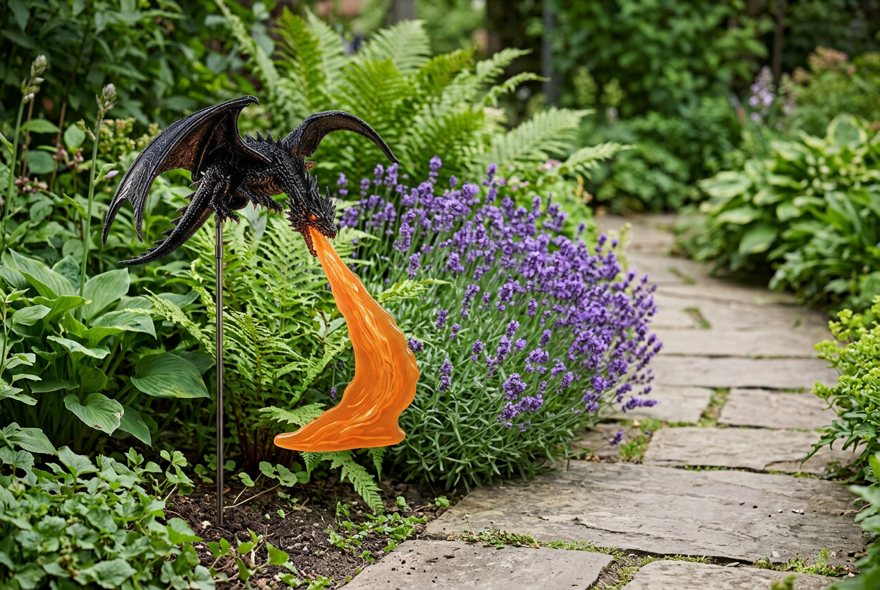 Illustrative placement idea showing a dragon garden ornament beside a stone path, lavender, and ferns